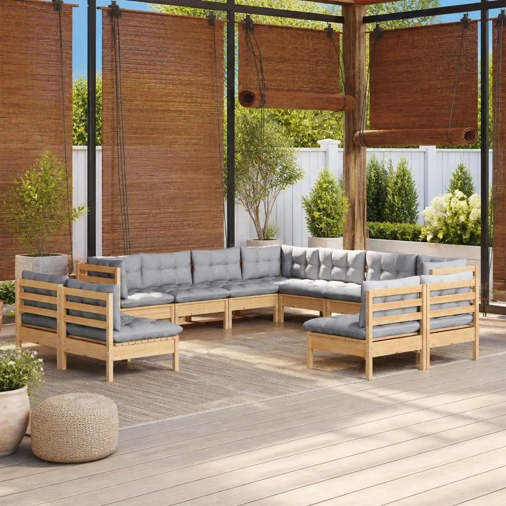 Modular Garden Lounge Set 11 Piece Grey Cushions Solid Pinewood Outdoor Patio Furniture