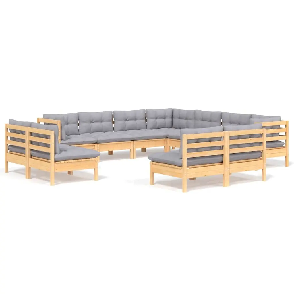 Modular Garden Lounge Set 11 Piece Grey Cushions Solid Pinewood Outdoor Patio Furniture