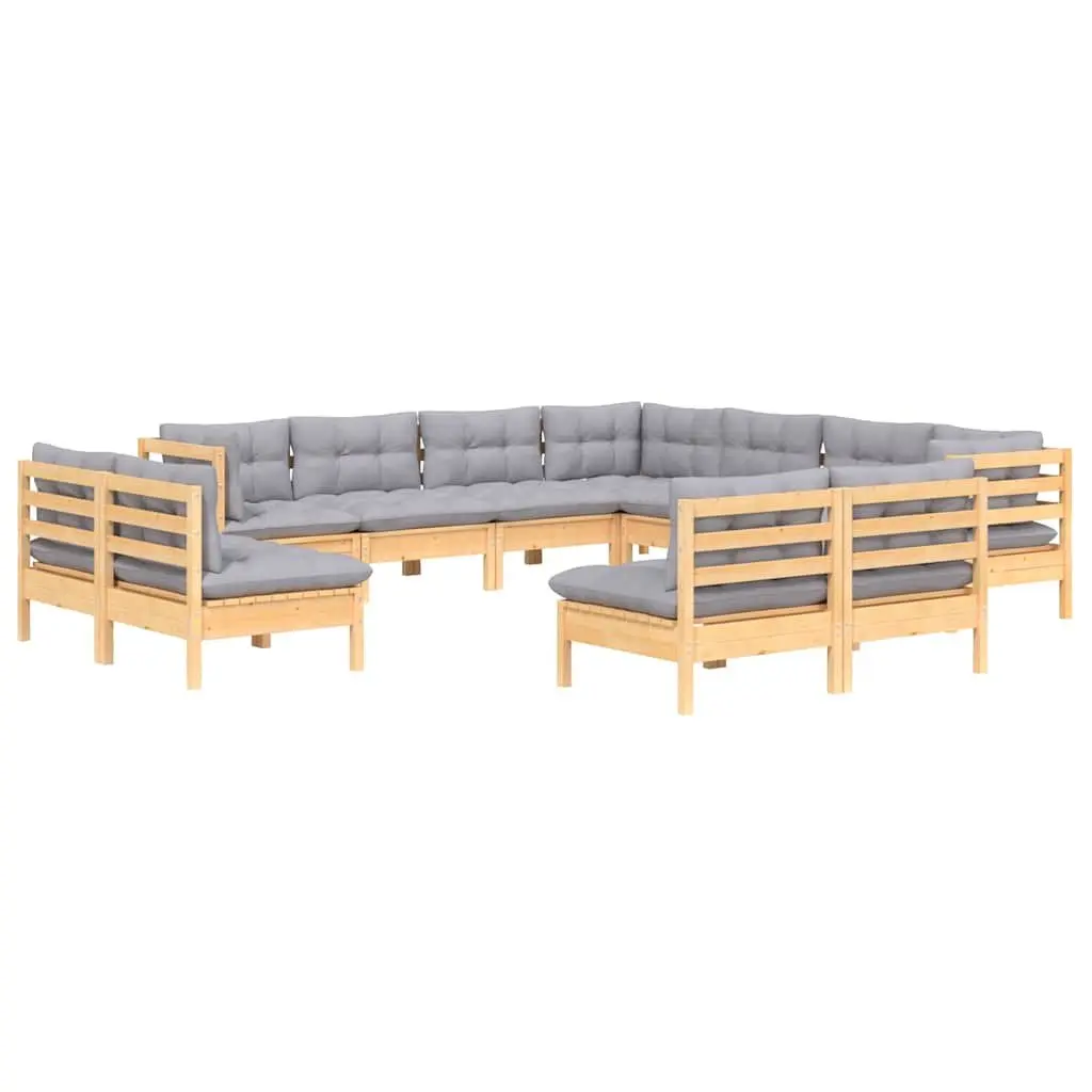 Modular Garden Lounge Set 11 Piece Grey Cushions Solid Pinewood Outdoor Patio Furniture