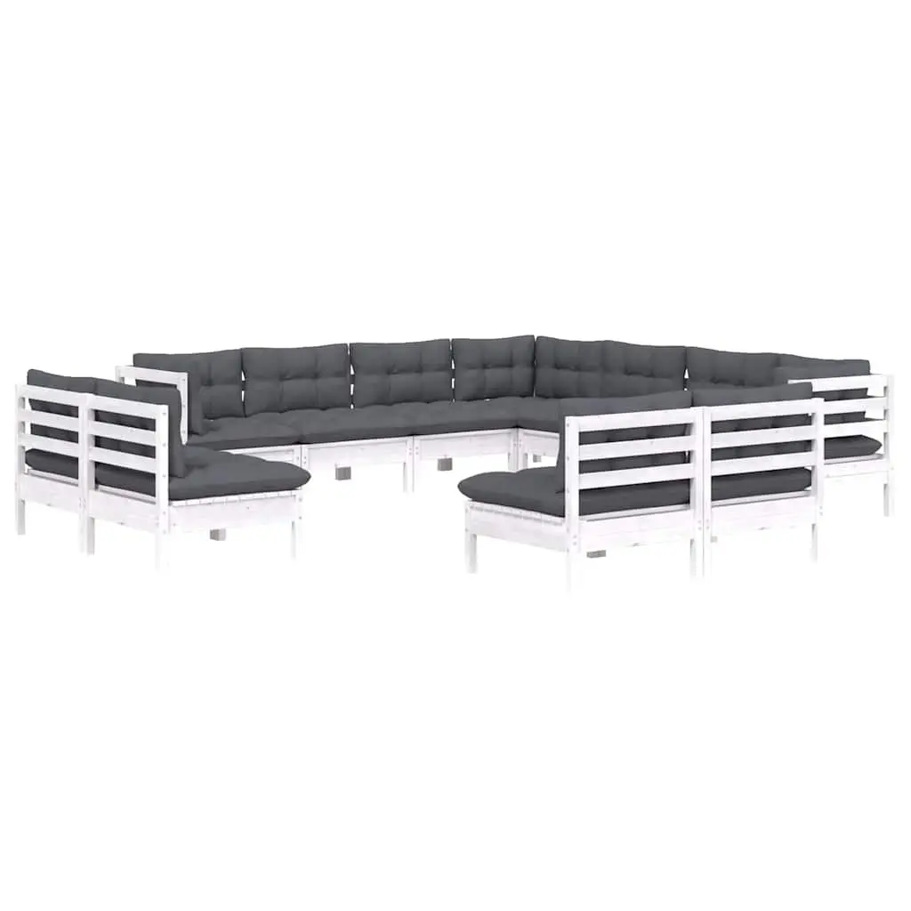 11 Piece Modular Garden Lounge Set White Solid Pinewood Construction with Cushions