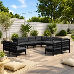 Garden Lounge Set 11 Piece Outdoor Patio Furniture Black Solid Wood Cushions
