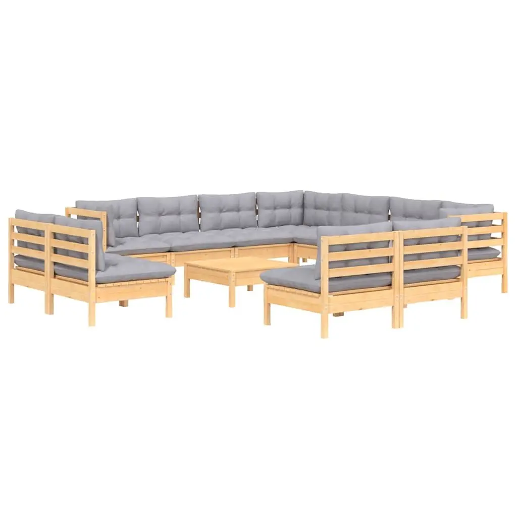 Garden Lounge Set Solid Pinewood 12 Piece Outdoor Patio Furniture Grey Cushions