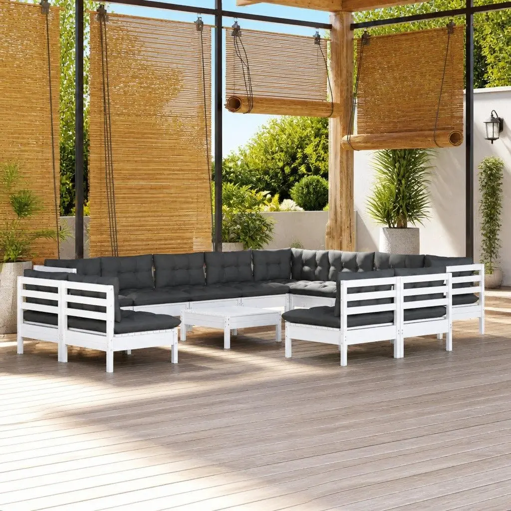 Garden Lounge Set Solid Pinewood 13 Piece Outdoor Patio Furniture White with Cushions Modular