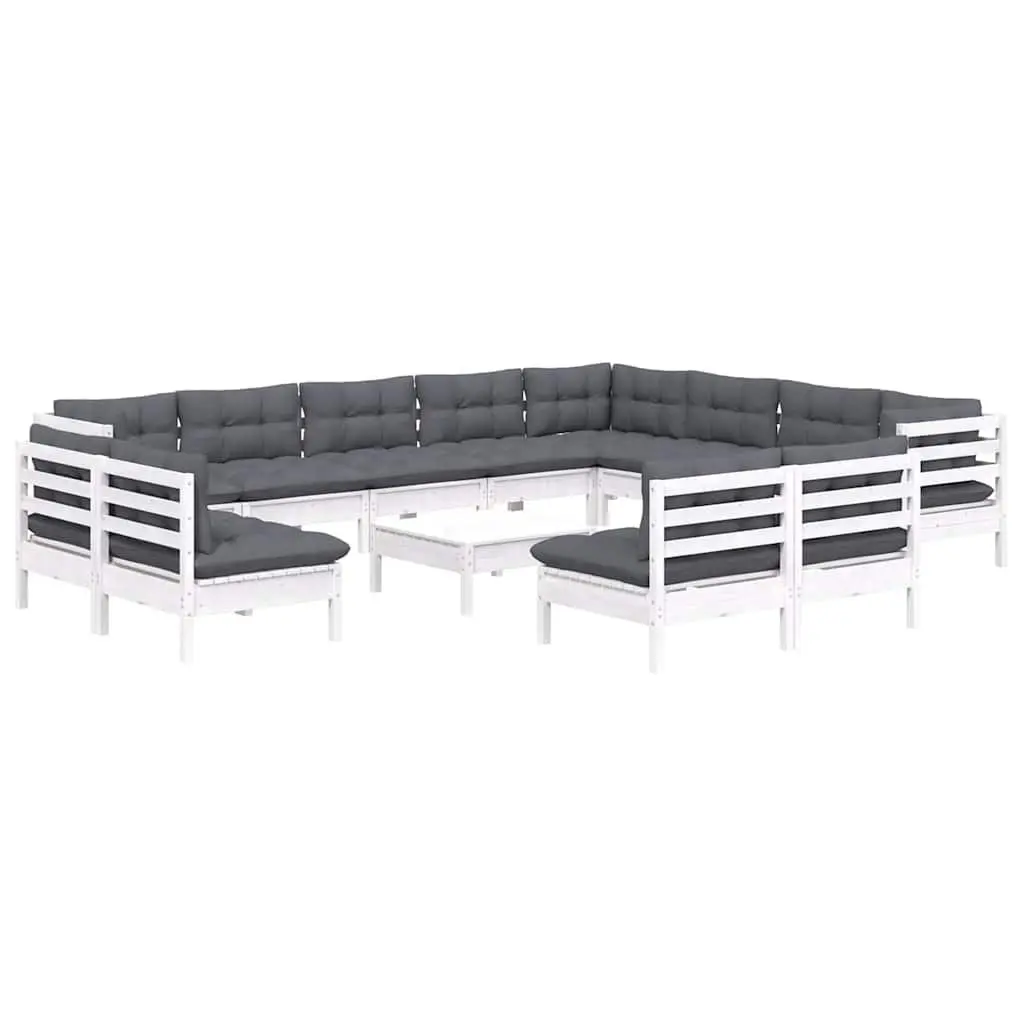Garden Lounge Set Solid Pinewood 13 Piece Outdoor Patio Furniture White with Cushions Modular
