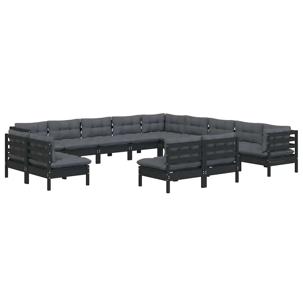 13 Piece Modular Garden Lounge Set Outdoor Patio Furniture in Black with Cushions Made of Solid Pinewood