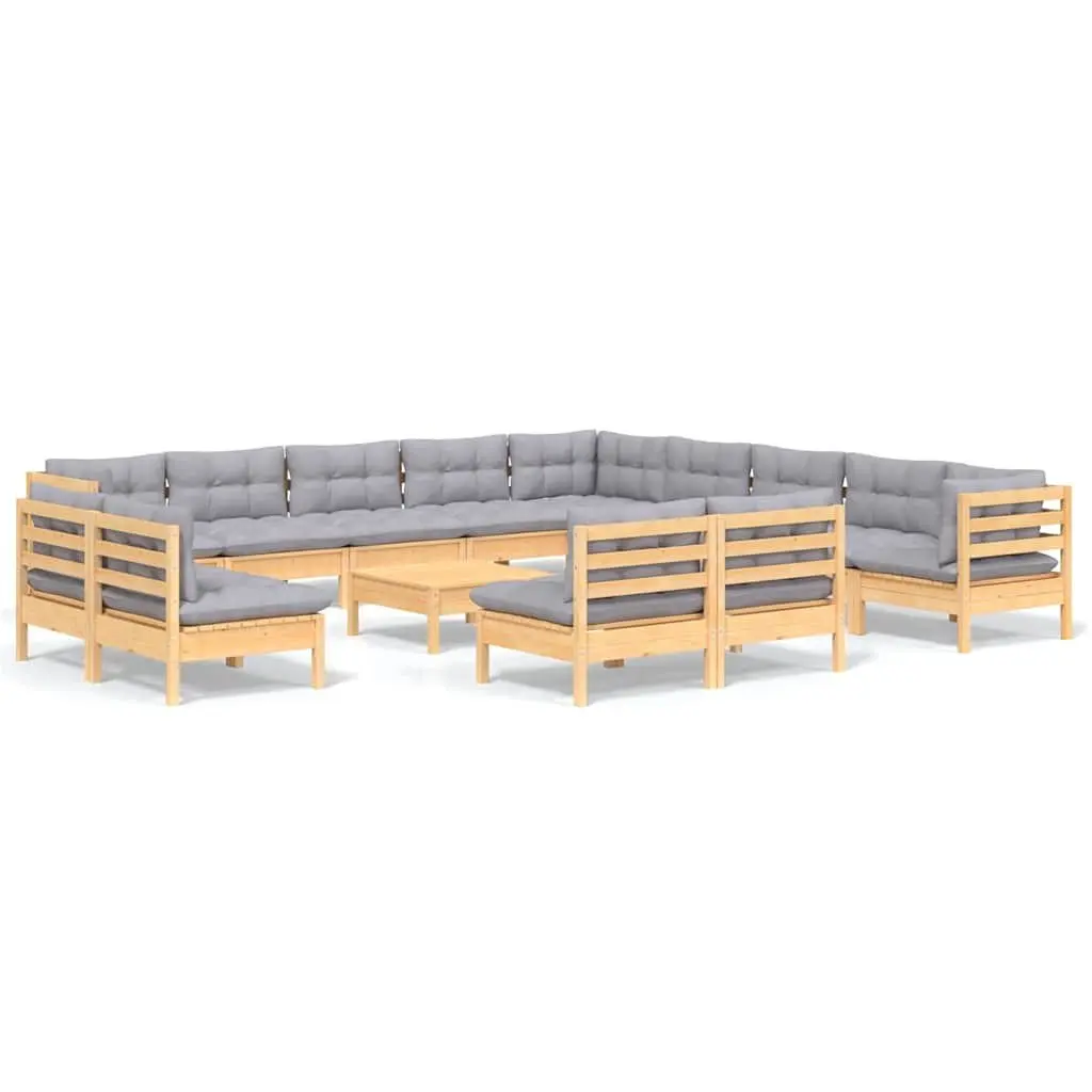 Garden Lounge Set 14 Piece Patio Furniture Solid Pinewood with Grey Cushions