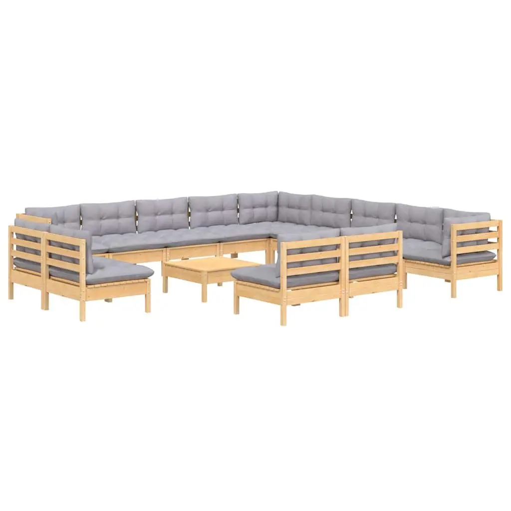 Garden Lounge Set 14 Piece Patio Furniture Solid Pinewood with Grey Cushions