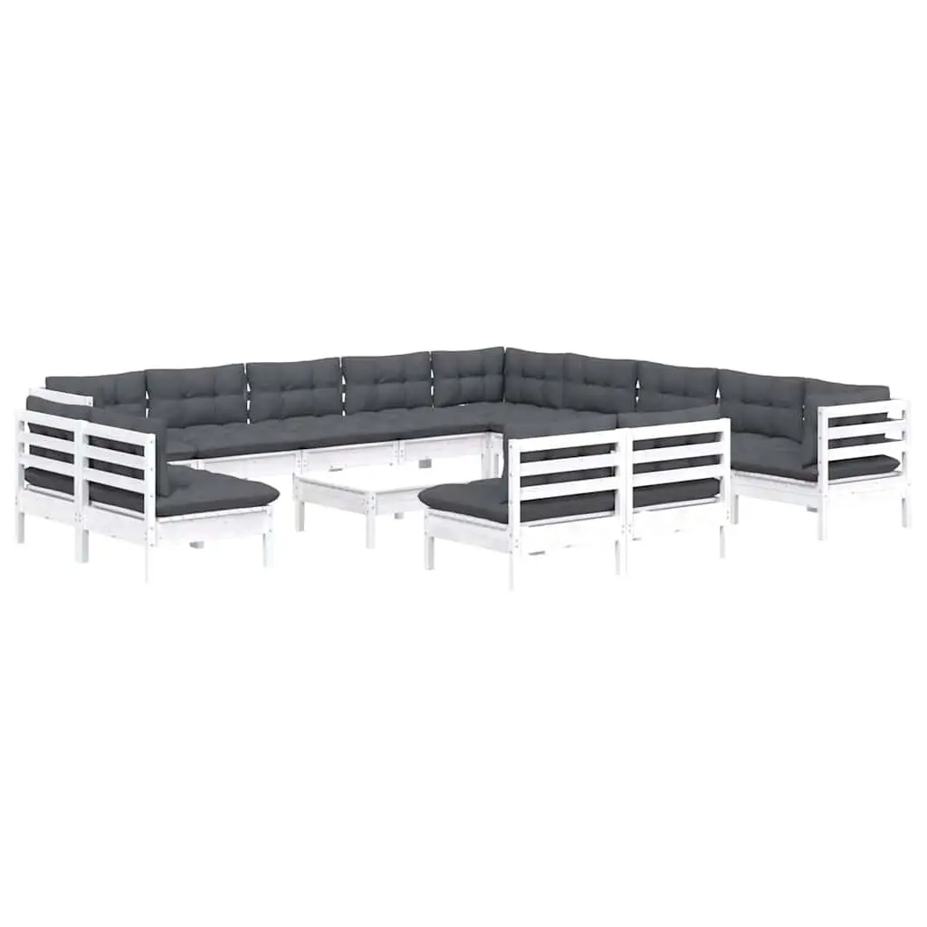Garden Lounge Set Solid Pinewood 14 Piece Outdoor Patio Furniture with Cushions White