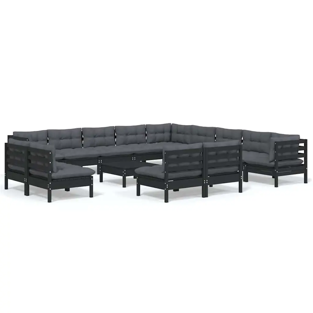 Modular Garden Lounge Set Solid Pinewood 14 Piece Outdoor Patio Furniture Black with Cushions