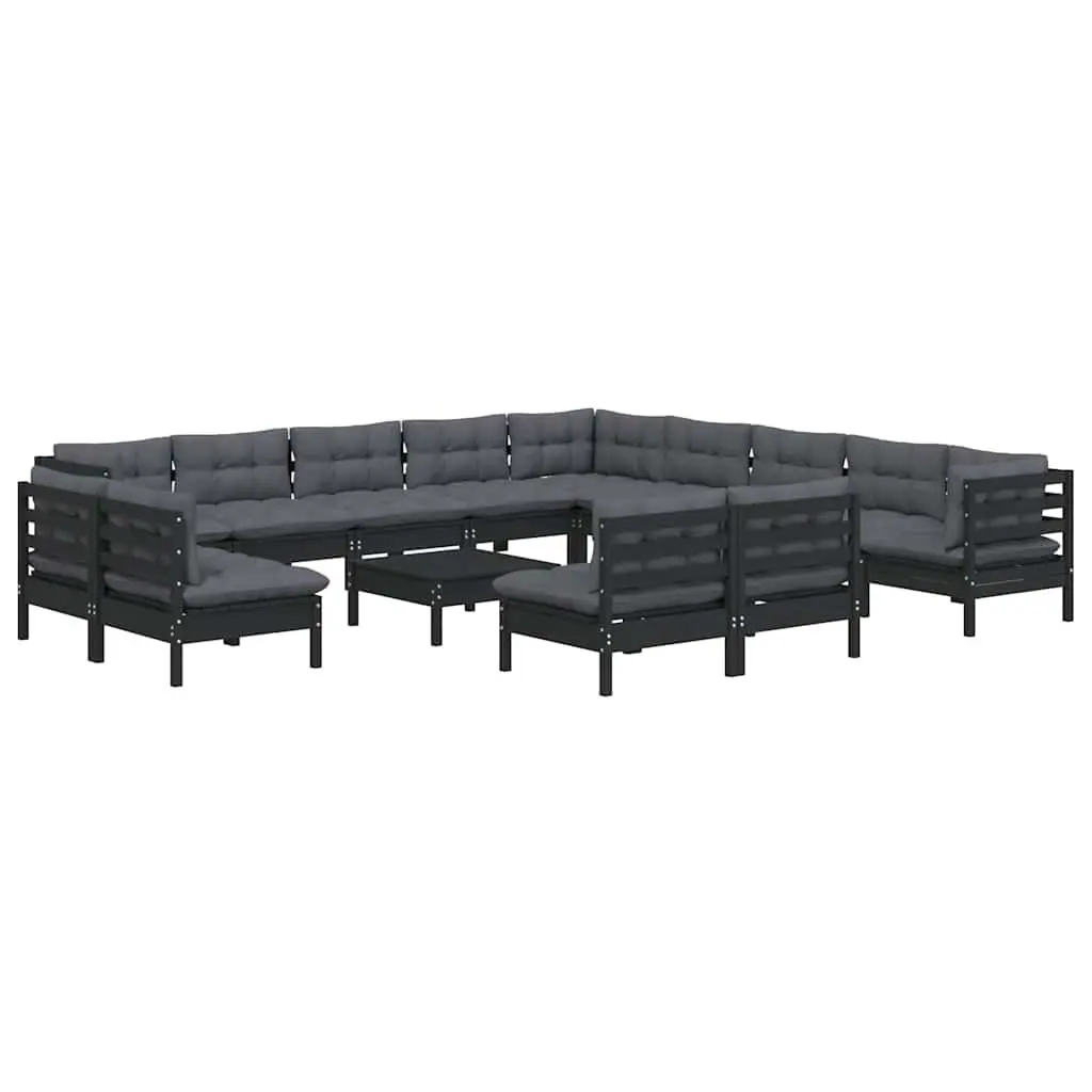 Modular Garden Lounge Set Solid Pinewood 14 Piece Outdoor Patio Furniture Black with Cushions