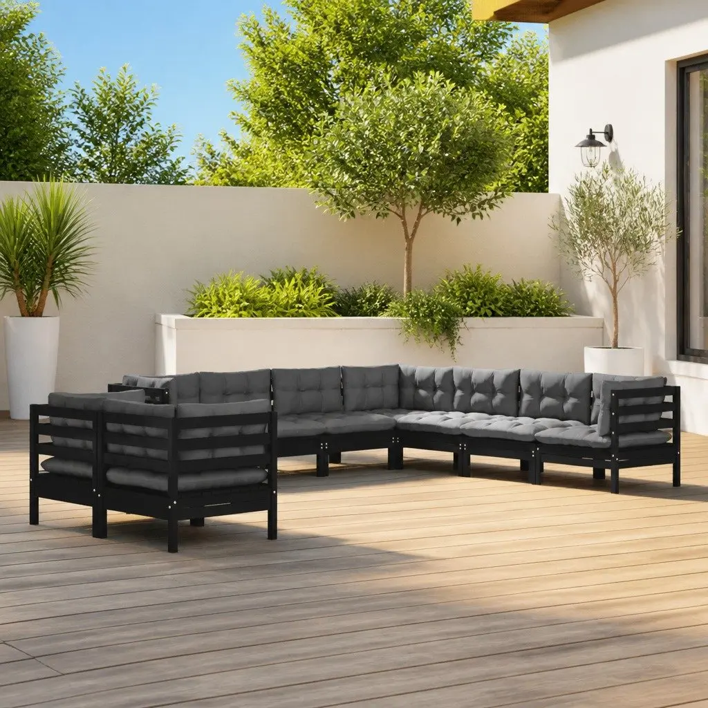9 Piece Modular Garden Lounge Set Black Solid Pinewood Outdoor Patio Furniture with Cushions