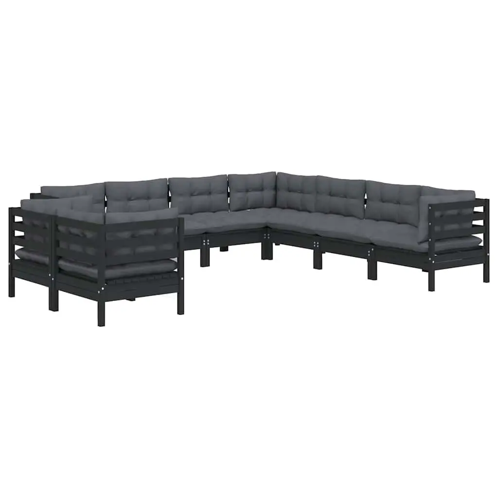 9 Piece Modular Garden Lounge Set Black Solid Pinewood Outdoor Patio Furniture with Cushions