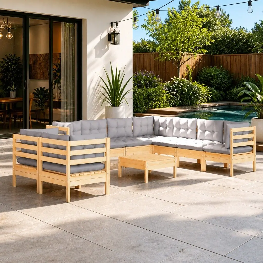 Garden Lounge Set Modular Sofa Solid Pinewood 10 Piece Outdoor Furniture Grey Cushions