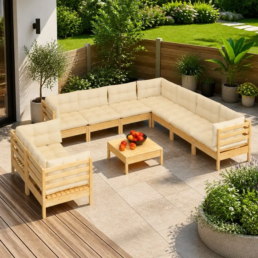Garden Lounge Set Solid Pinewood 10 Piece Outdoor Patio Furniture Cream Cushions