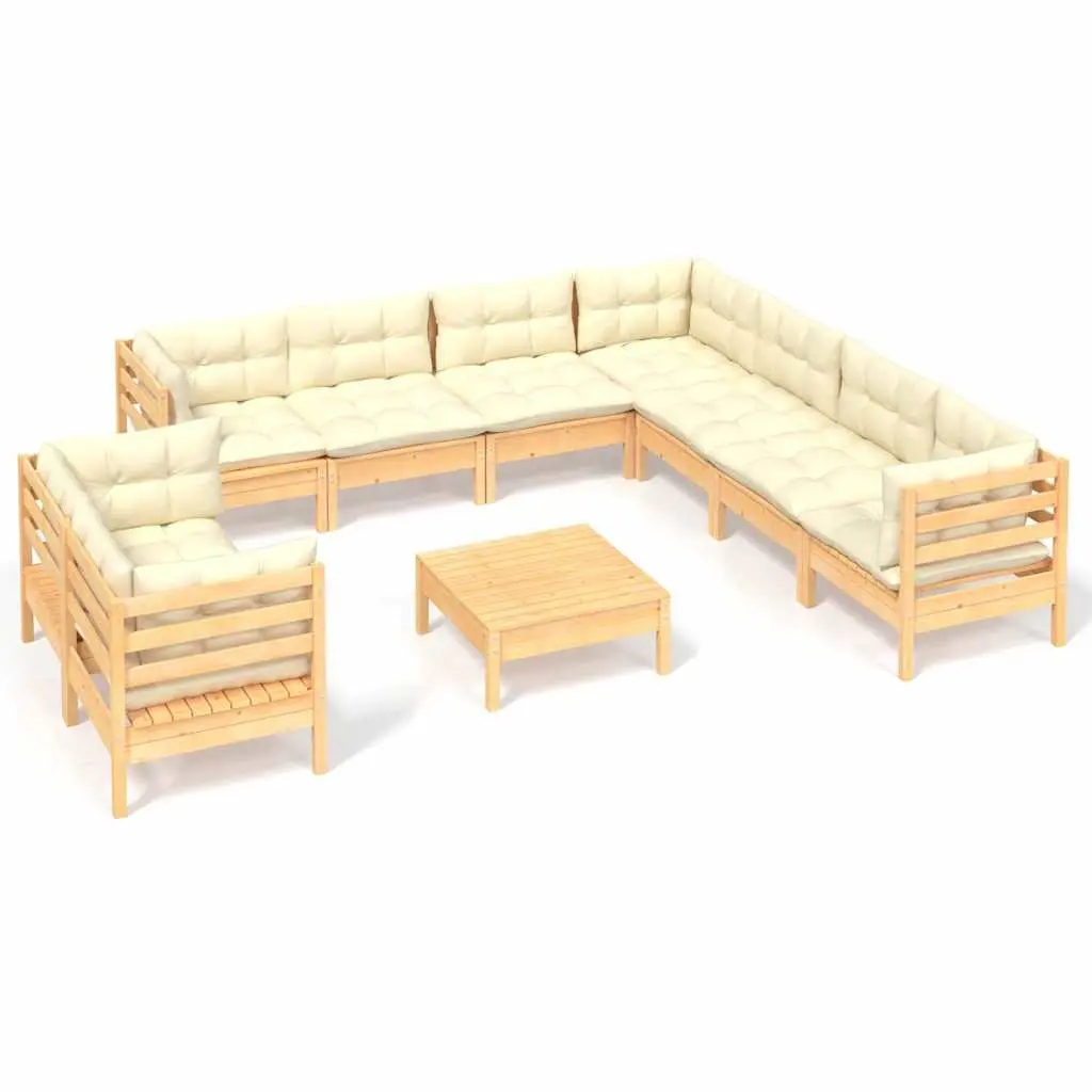 Garden Lounge Set Solid Pinewood 10 Piece Outdoor Patio Furniture Cream Cushions