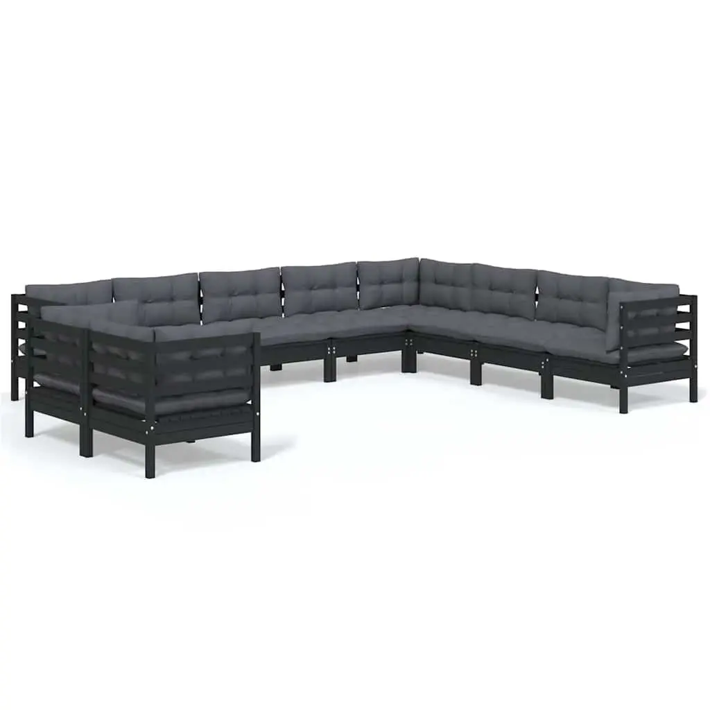 10 Piece Modular Garden Lounge Set Black Outdoor Patio Furniture Solid Pinewood with Cushions