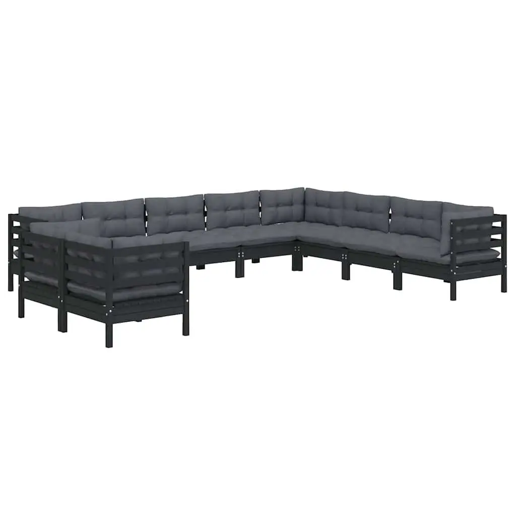 10 Piece Modular Garden Lounge Set Black Outdoor Patio Furniture Solid Pinewood with Cushions