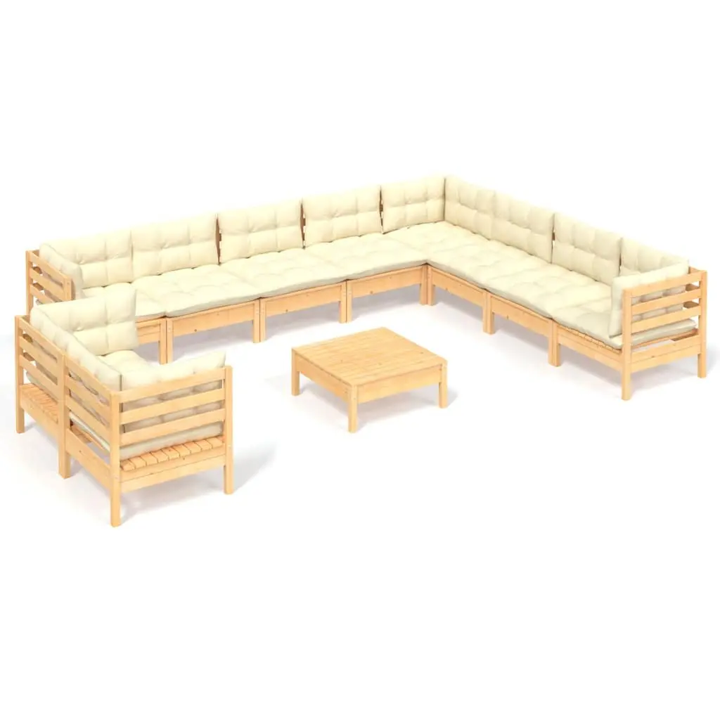 Outdoor Patio Furniture 11 Piece Modular Set Solid Pinewood with Cream Cushions