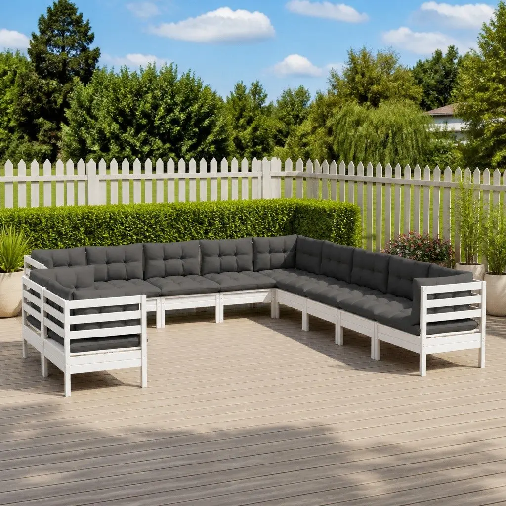Garden Lounge Set Solid Pinewood 11 Piece White Patio Furniture with Cushions