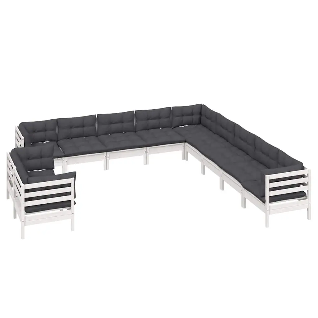 Garden Lounge Set Solid Pinewood 11 Piece White Patio Furniture with Cushions