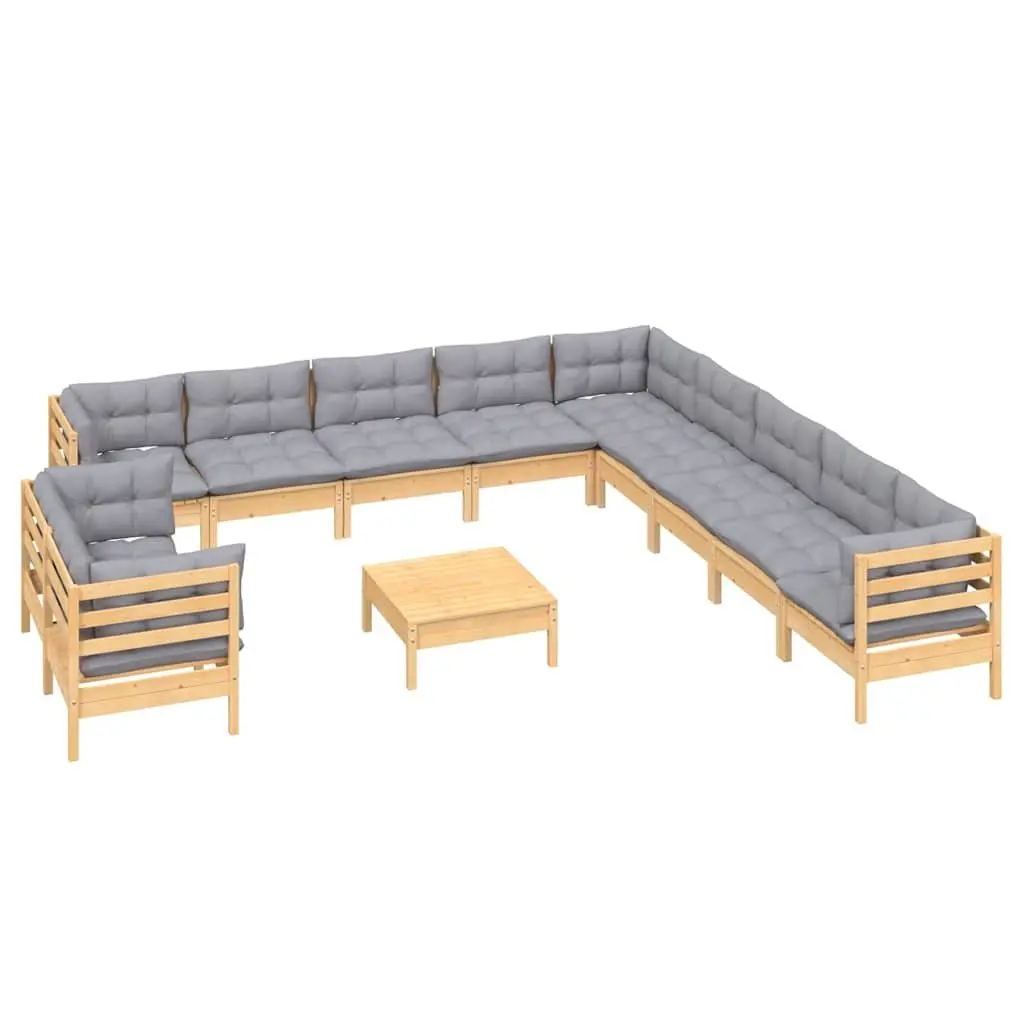 Garden Lounge Set Solid Pinewood Modular 12 Piece Outdoor Furniture Patio Seating Grey Cushions