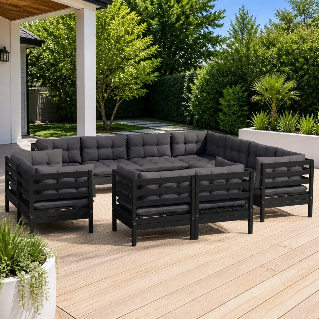 11 Piece Modular Garden Lounge Set Black Solid Pinewood with Cushions