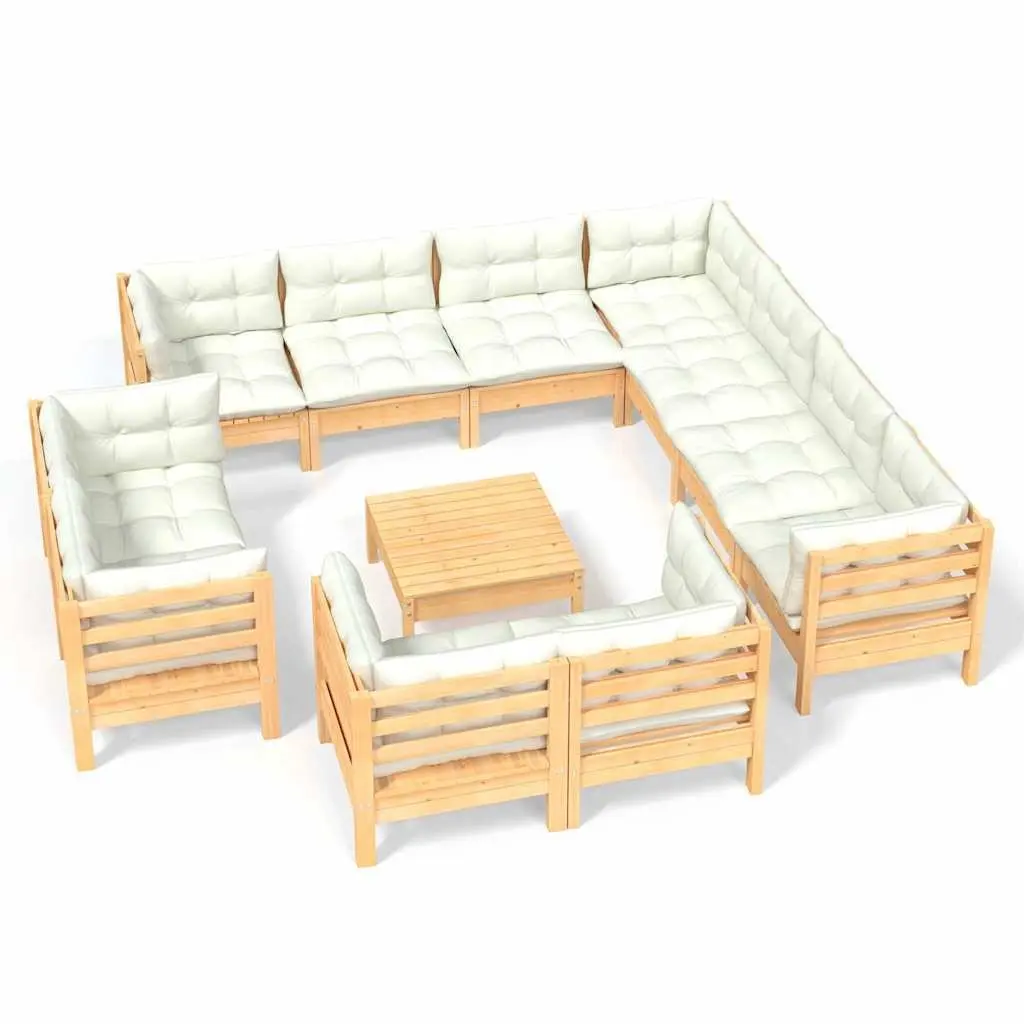 Garden Lounge Set Solid Pinewood Frame 12 Piece Outdoor Furniture Patio Sectional Cream Cushions