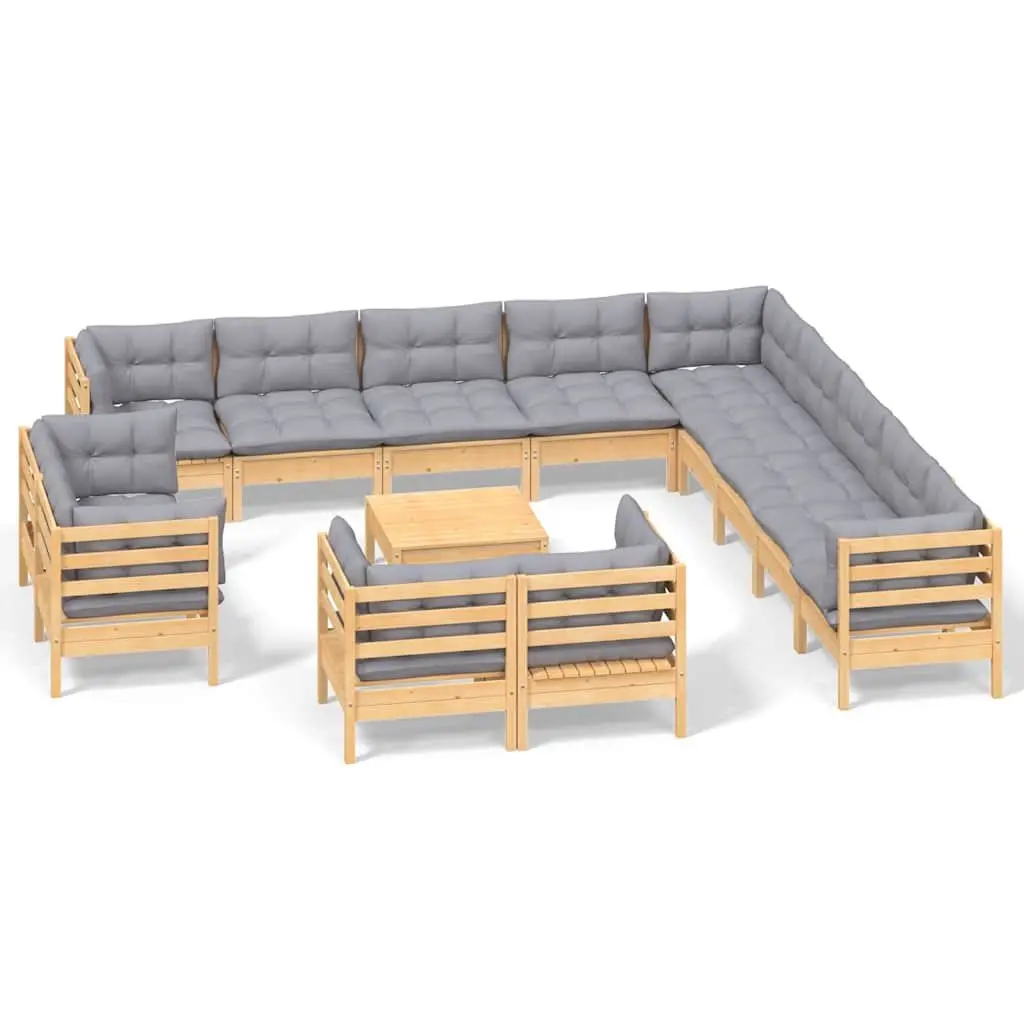 Garden Lounge Set Solid Pinewood 14 Piece Outdoor Patio Furniture Grey Cushions