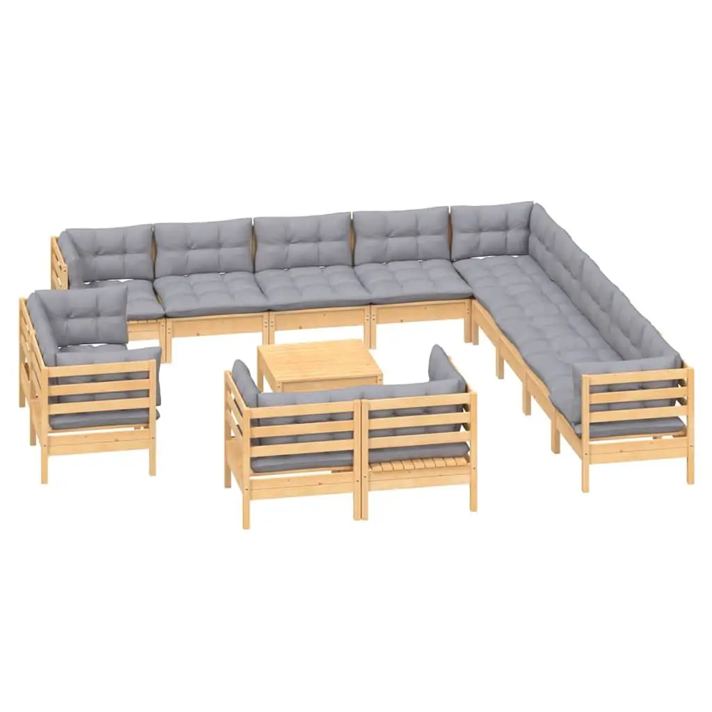 Garden Lounge Set Solid Pinewood 14 Piece Outdoor Patio Furniture Grey Cushions