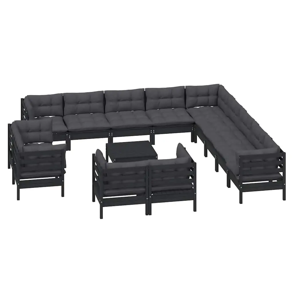 Garden Lounge Set Solid Pinewood 14 Piece Outdoor Patio Furniture Black