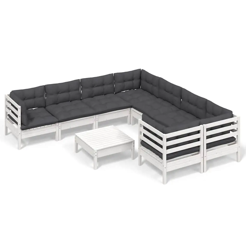 9 Piece Outdoor Furniture Set Modular White Pinewood Garden Lounge with Cushions