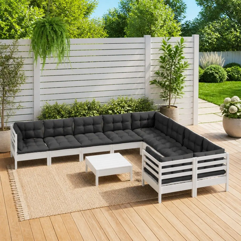 Modular Garden Lounge Set 10 Piece White Outdoor Furniture Pinewood Sofa with Cushions