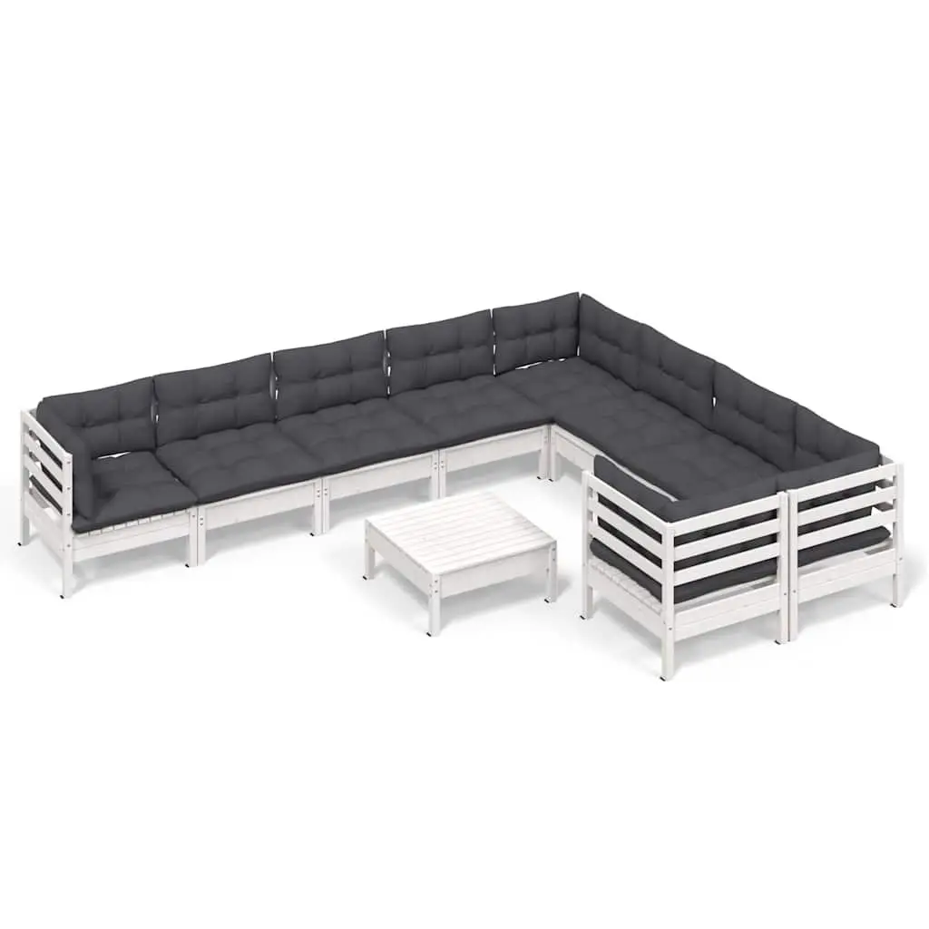 Modular Garden Lounge Set 10 Piece White Outdoor Furniture Pinewood Sofa with Cushions