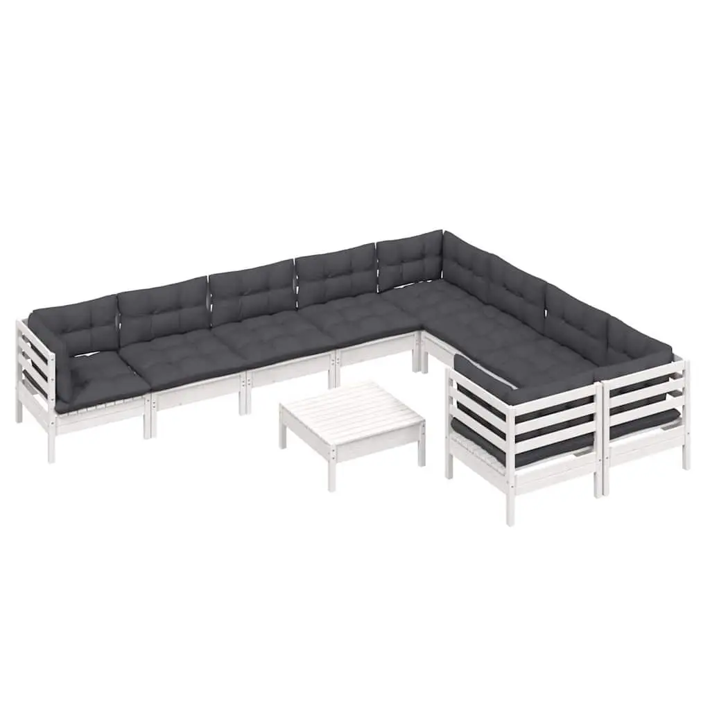 Modular Garden Lounge Set 10 Piece White Outdoor Furniture Pinewood Sofa with Cushions
