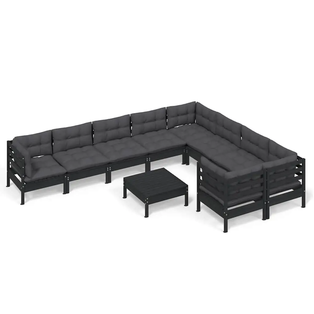 10 Piece Outdoor Lounge Set Modular Pinewood Furniture with Cushions Black
