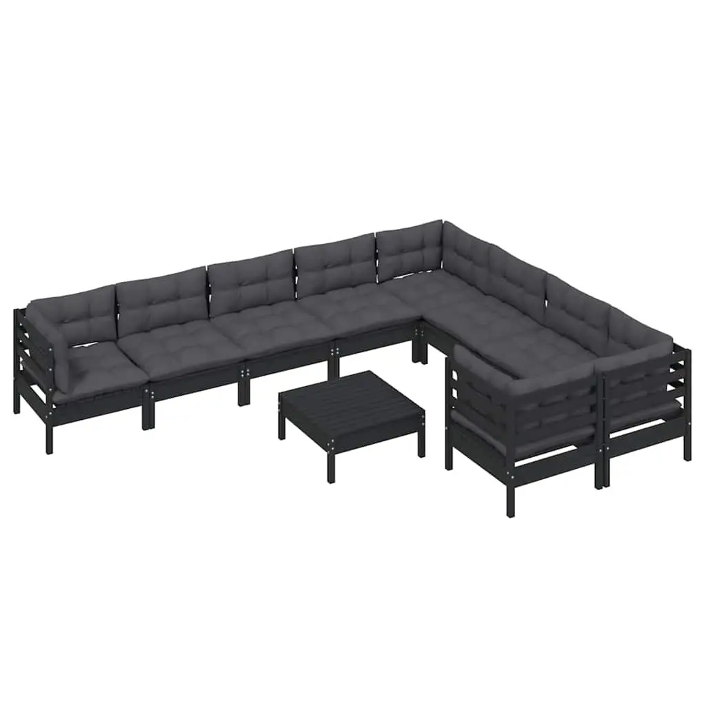 10 Piece Outdoor Lounge Set Modular Pinewood Furniture with Cushions Black