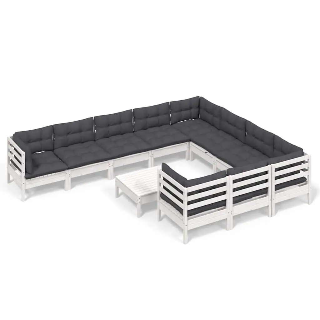 Outdoor Lounge Set 11 Piece Modular White Pinewood Furniture with Cushions