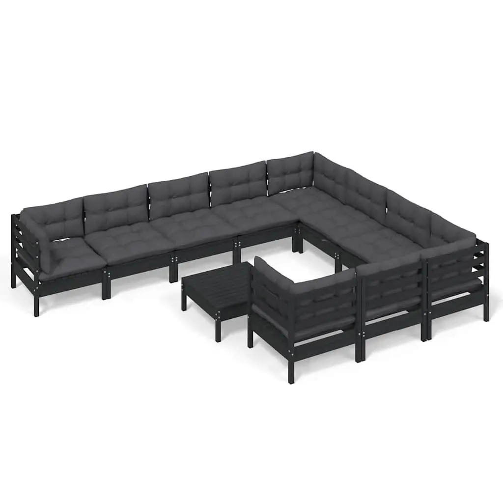 Garden Lounge Set 11 Piece Black Pinewood Outdoor Furniture with Cushions