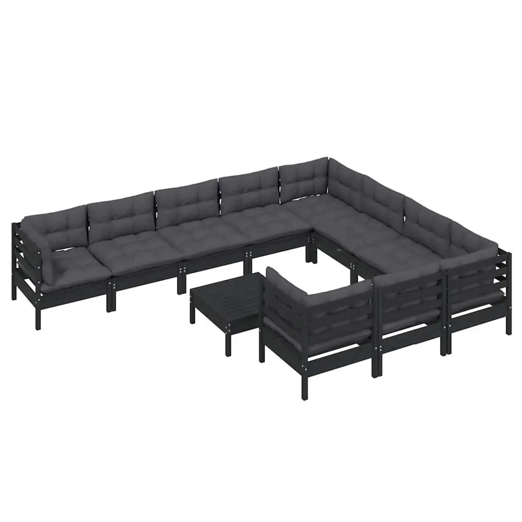 Garden Lounge Set 11 Piece Black Pinewood Outdoor Furniture with Cushions