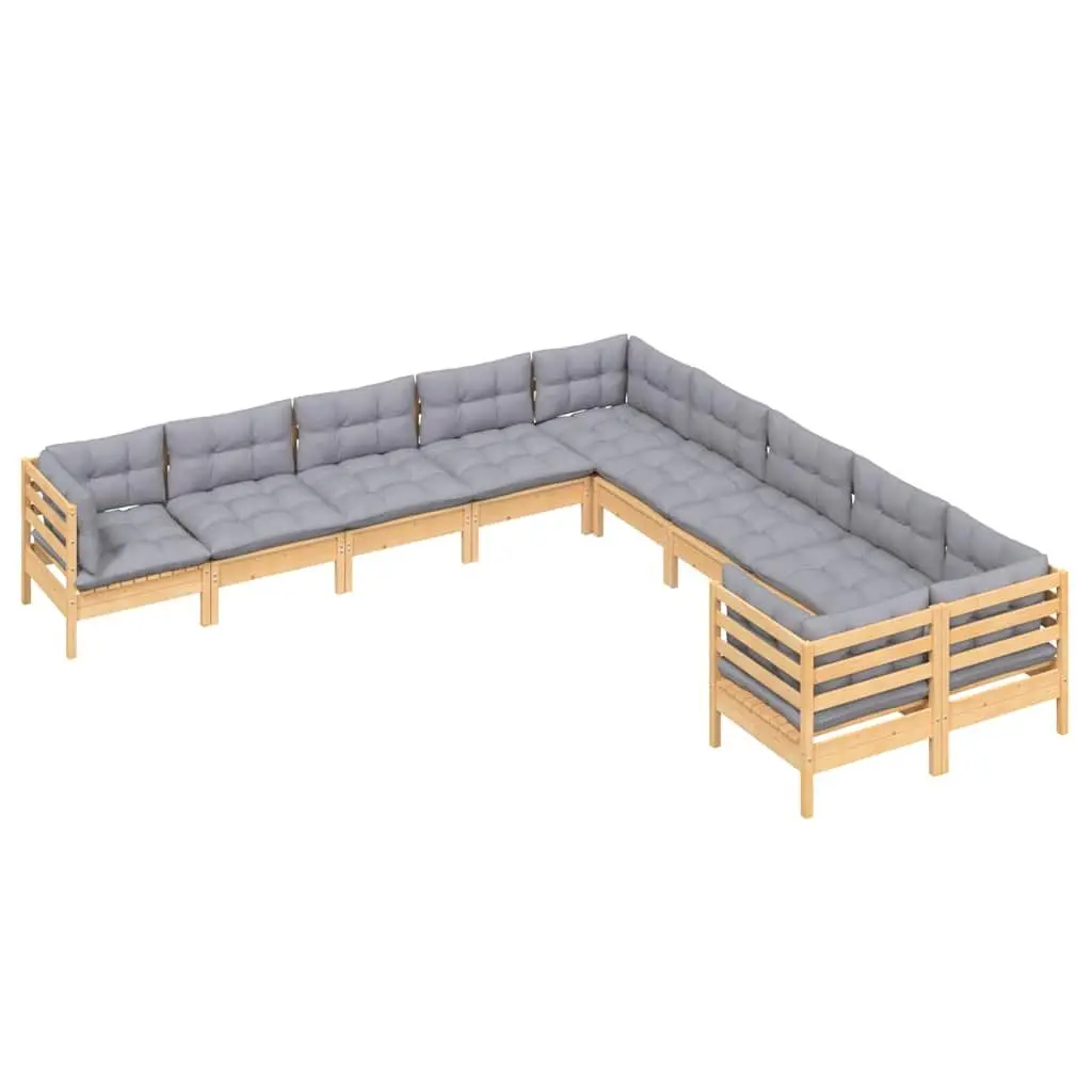 Garden Lounge Set 10 Piece Outdoor Patio Furniture with Grey Cushions Pinewood