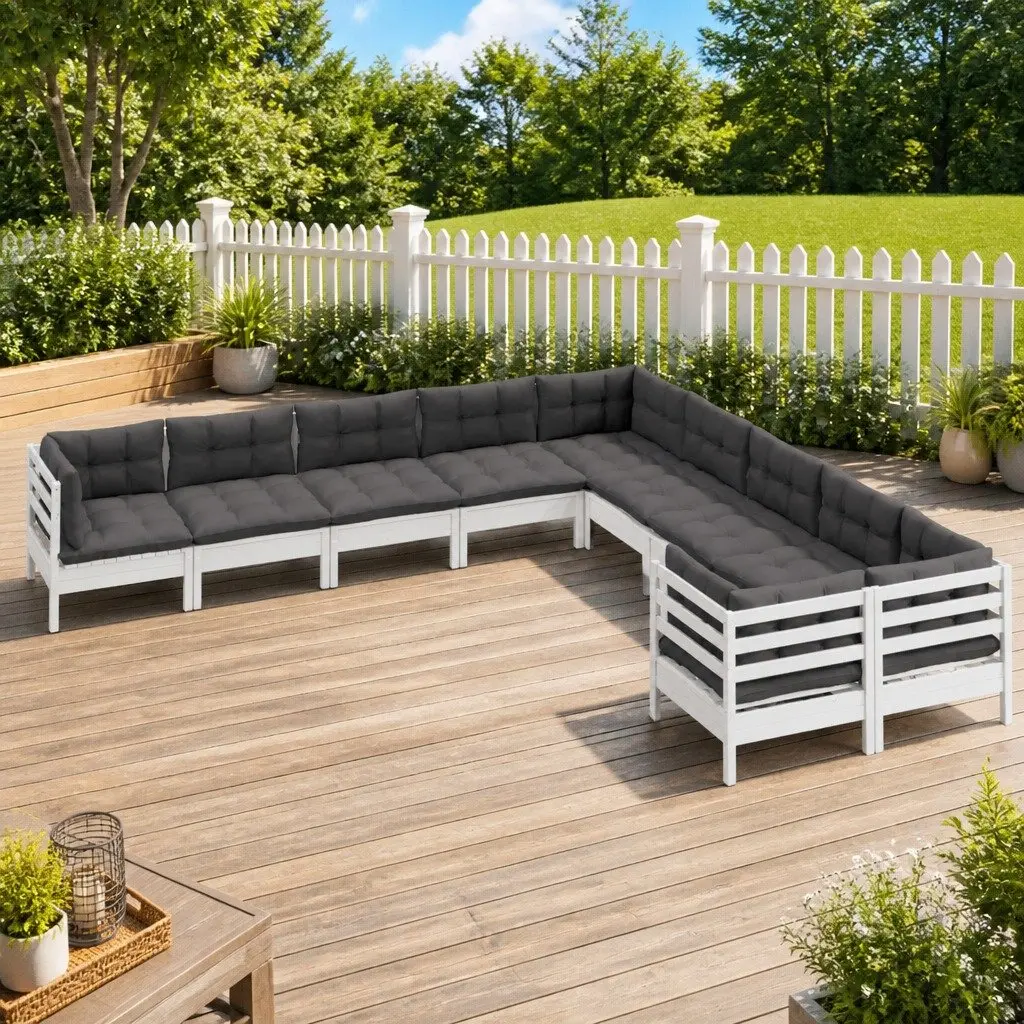 Garden Lounge Set 10 Piece Outdoor Furniture White Pinewood with Cushions Patio