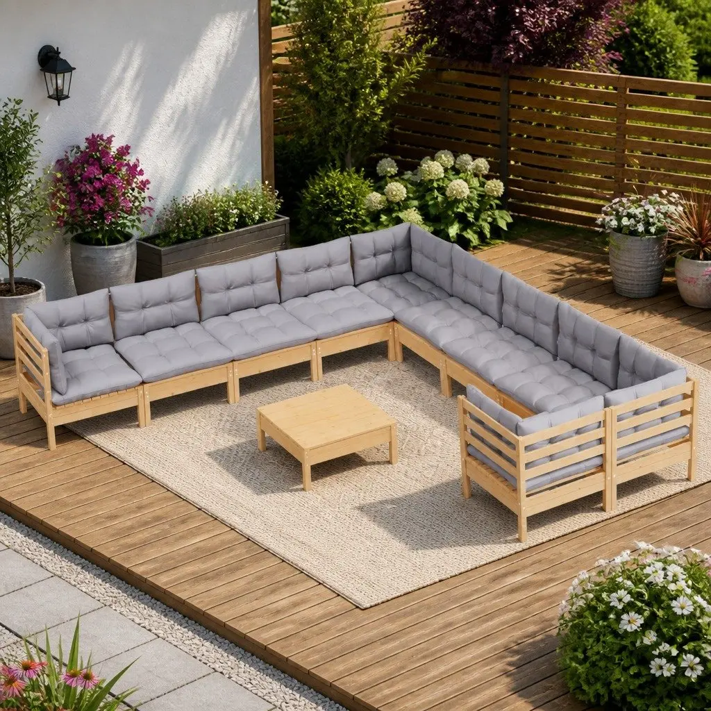 Garden Lounge Set Wooden 11 Pieces Patio Furniture Grey Cushions Outdoor Seating