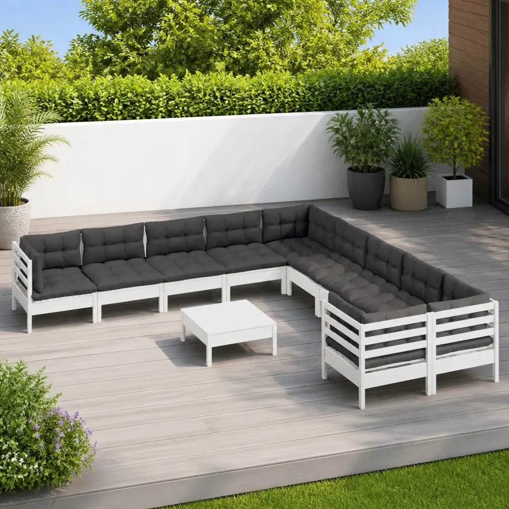 Wooden Garden Lounge Set Solid Pinewood 11 Piece Outdoor Patio Furniture with Cushions White