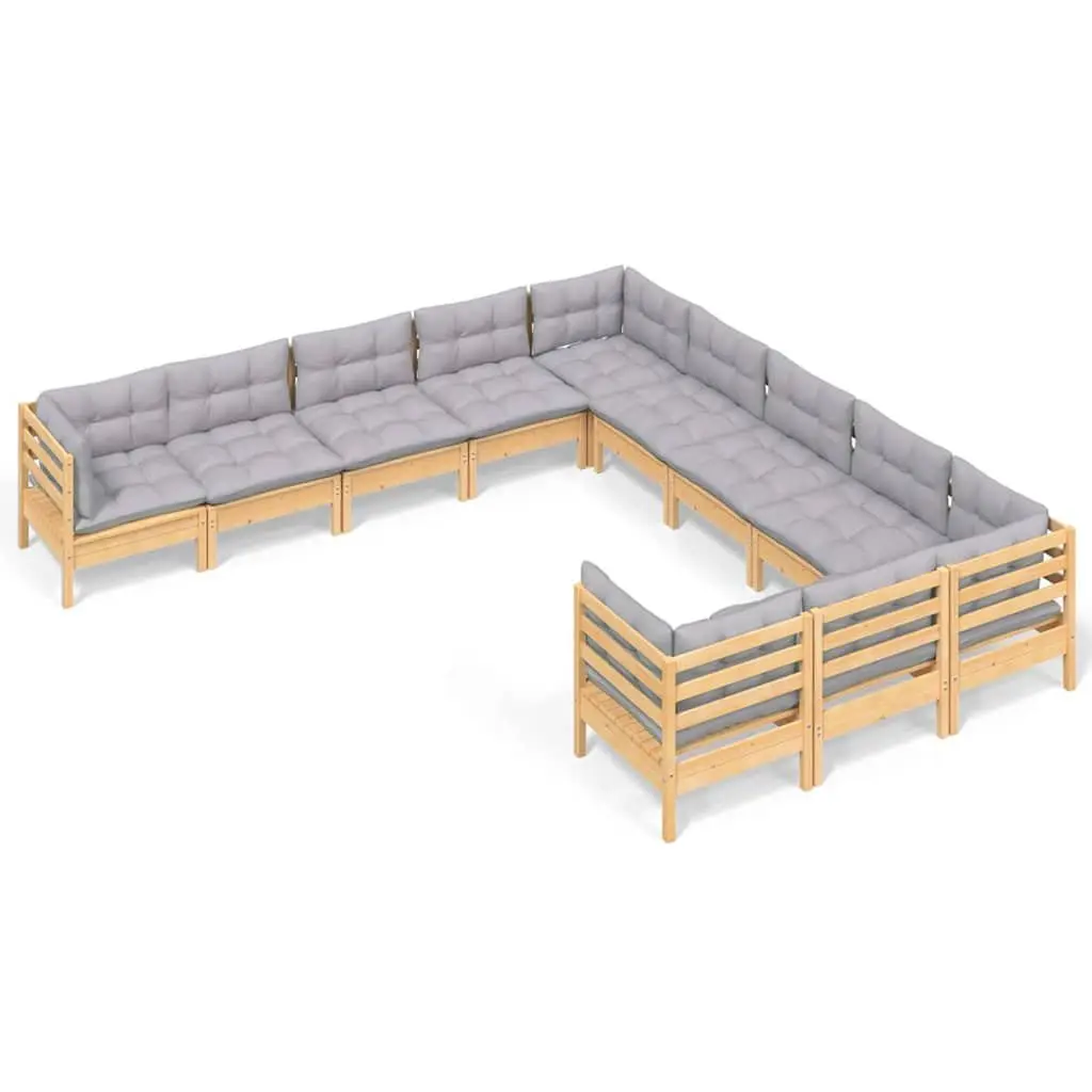 Garden Lounge Set 11 Piece Outdoor Patio Furniture Grey Cushions Pinewood
