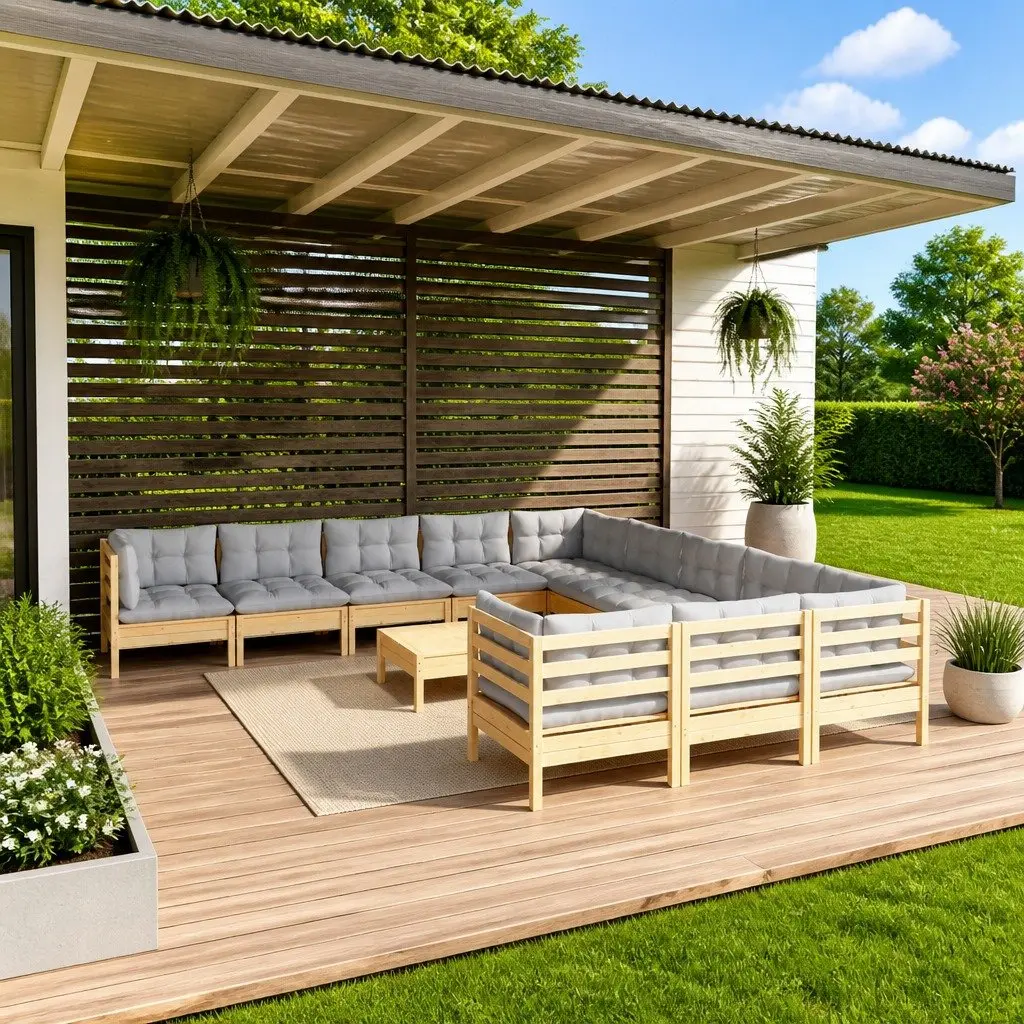 Garden Lounge Set Wooden 12 Piece Patio Furniture Grey Cushions Modular