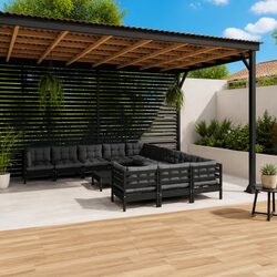 Practical 12-Piece Black Pinewood Lounge Set for Outdoors