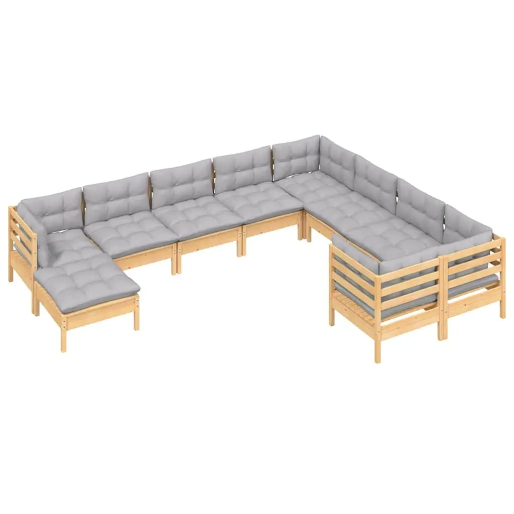 Garden Lounge Set 10 Piece Outdoor Patio Furniture with Grey Cushions Pinewood