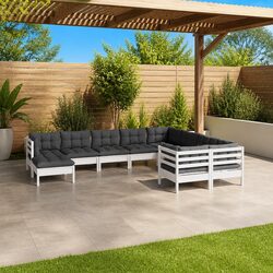 Modular 10-Piece White Pinewood Lounge Set with Cushions
