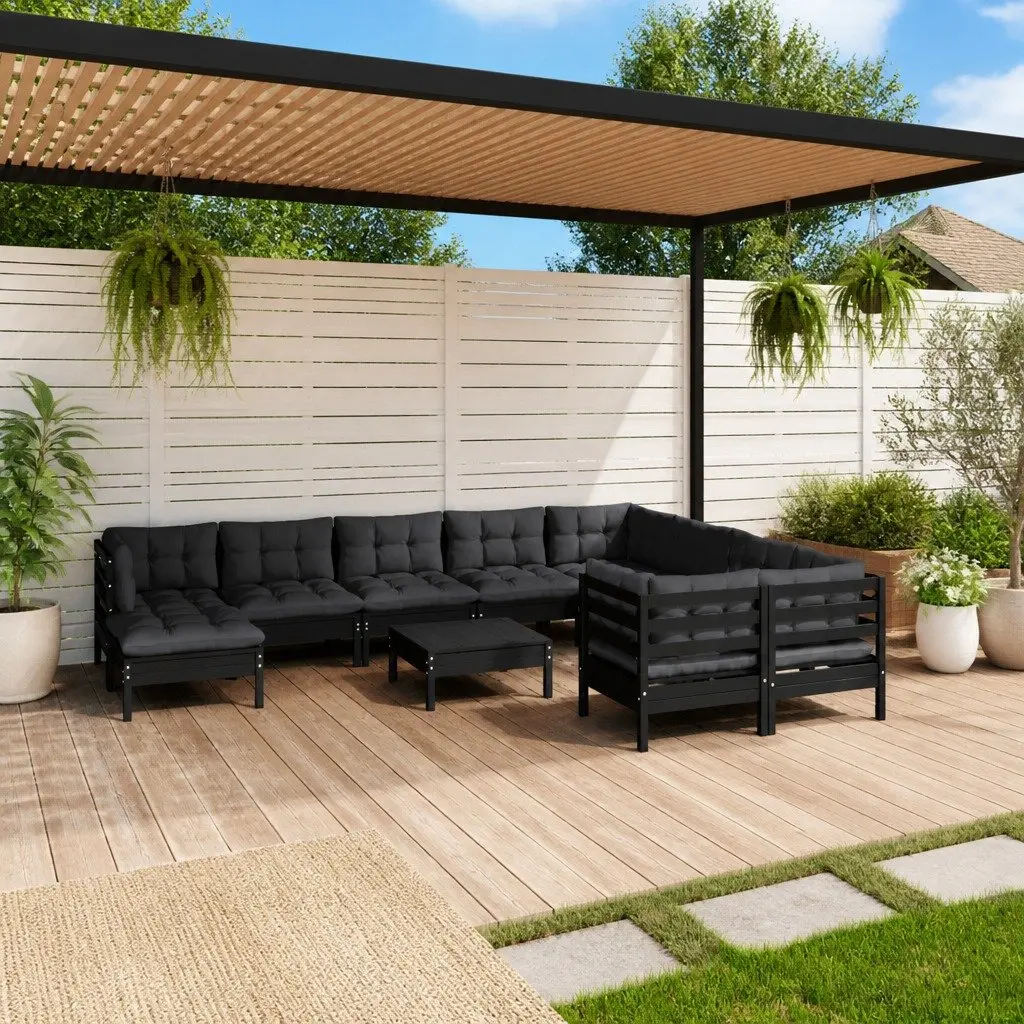 11 Piece Modular Black Pinewood Garden Lounge Set with Cushions Outdoor Patio Furniture