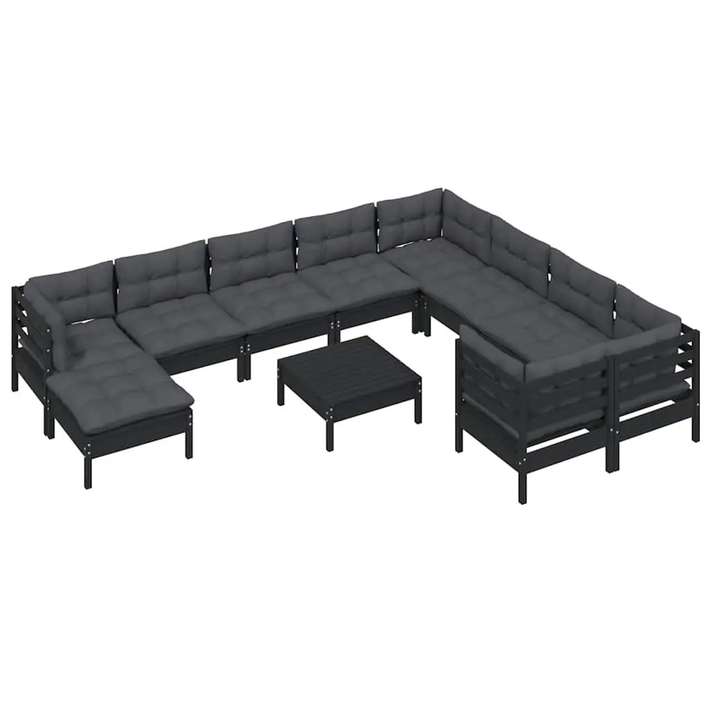 11 Piece Modular Black Pinewood Garden Lounge Set with Cushions Outdoor Patio Furniture